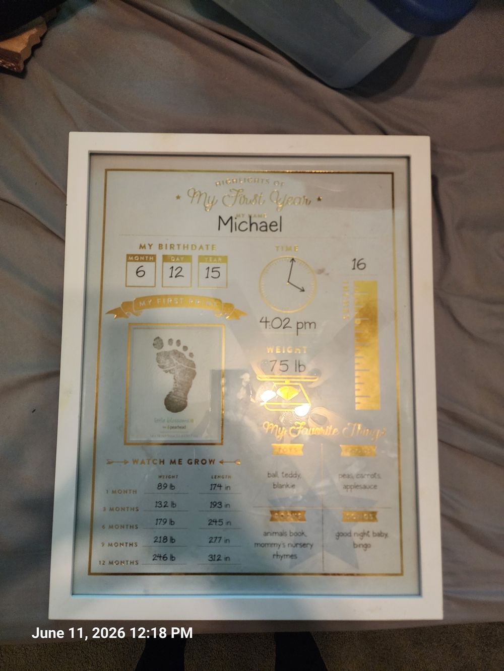 Baby First Year Shadow Box Frame - White Gold Foil